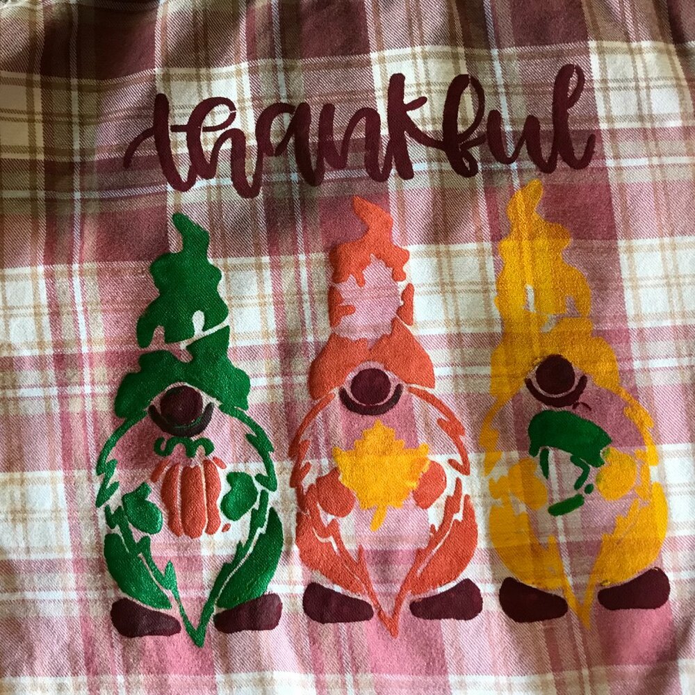 Ombre Bleached Flannel Shirt Upcycled, Painted Thankful Gnomes Plus Size XL - Picture 3 of 12